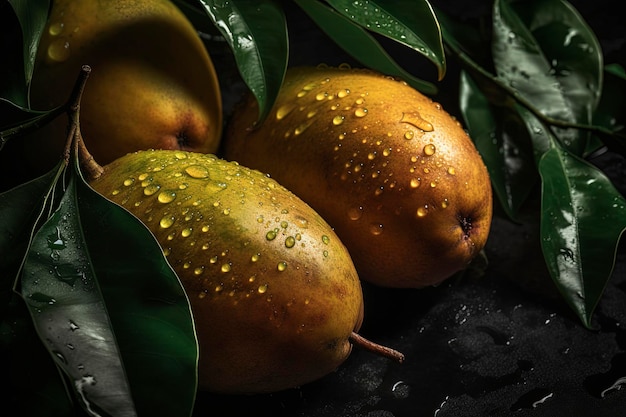 Tres mangos con gotas de agua sobre un fondo negro