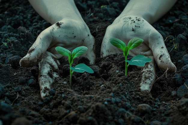 tres manos protección plántula verde que crece en el concepto de suelo eco