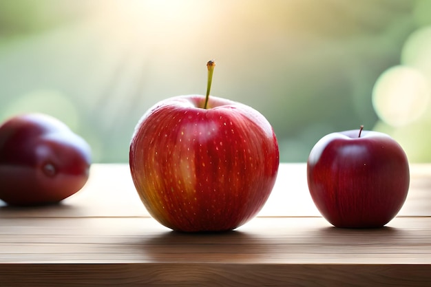 Tres manzanas en una mesa con un fondo borroso