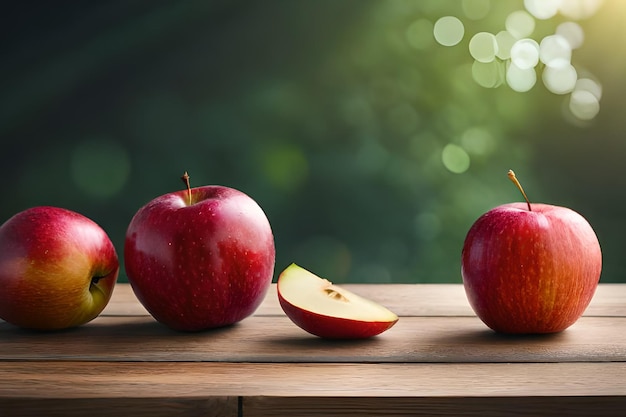 Tres manzanas rojas sobre una mesa de madera con un fondo verde