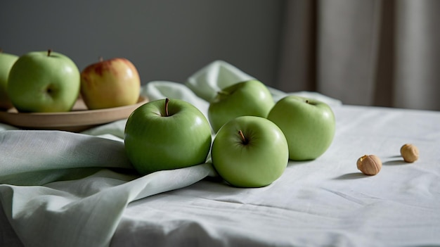 Tres manzanas verdes sobre una mesa con un plato y una manzana roja sobre la mesa