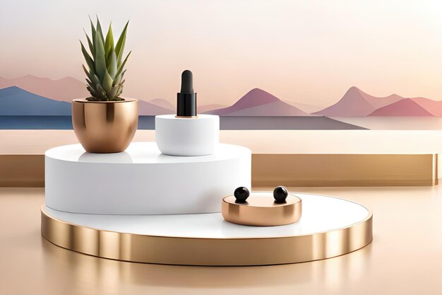 Tres maquetas de productos cosméticos en podios geométricos Fondo para presentación de cosméticos