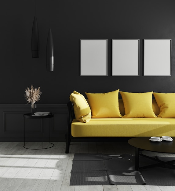 Tres marcos de carteles verticales en blanco en el interior de la sala de estar de lujo moderno con pared negra y sofá amarillo brillante, estilo escandinavo, ilustración 3d