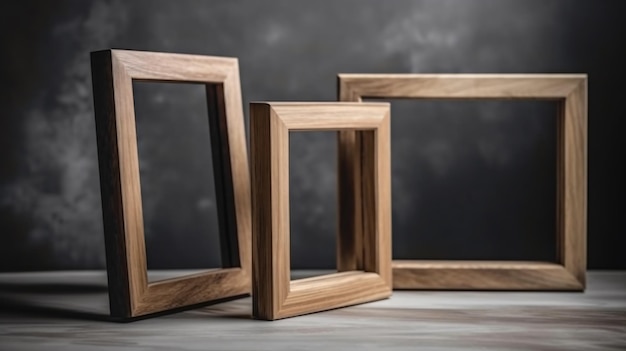 Foto tres marcos de madera sobre una mesa con fondo de pizarra.