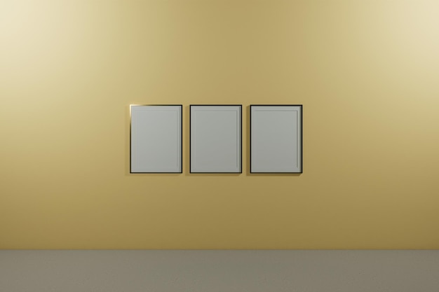 Tres marcos vacíos en una pared con tres marcos sobre ellos.