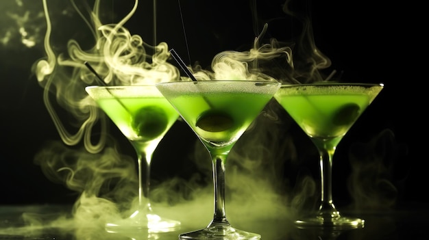 Tres martinis verdes en la barra del bar con humo de Halloween