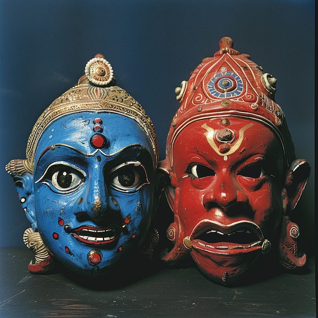 Foto tres máscaras con la cara de una mujer y la cara a la derecha