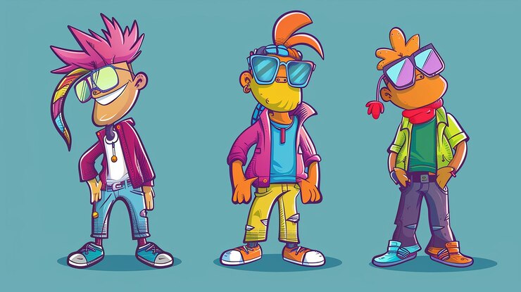 Foto três mascotes de desenho animado em roupas vibrantes