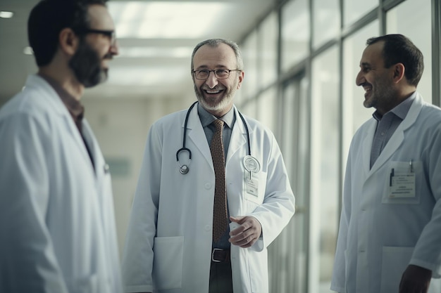 Três médicos em um corredor de hospital sorrindo e conversando