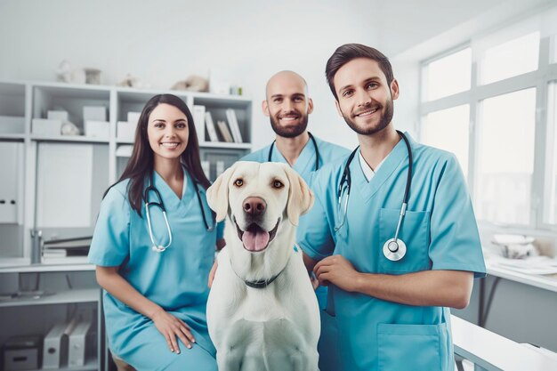 Tres médicos veterinarios con un perro Labrador en el consultorio médico generativa de IA
