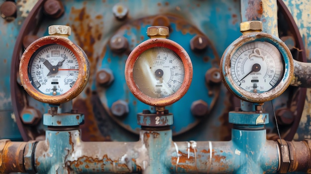 Tres medidores de presión viejos y oxidados con tuberías azules en el fondo