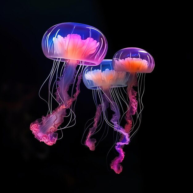 Tres medusas brillantes en el mar azul profundo