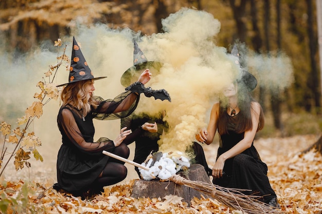 Três meninas bruxas na floresta no halloween. meninas vestindo vestidos pretos e chapéus de cone. as bruxas fazem uma poção mágica.