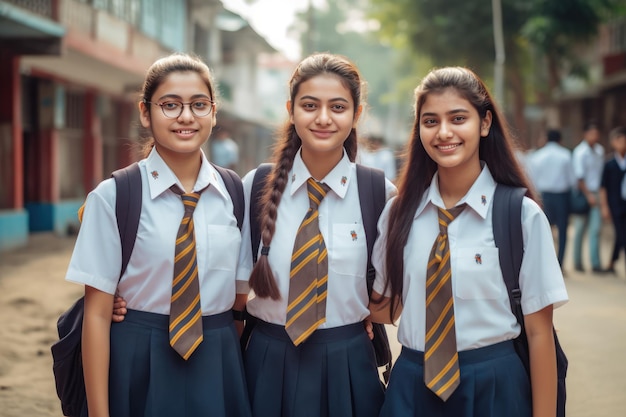 Três meninas da escola com uniformes e gravatas