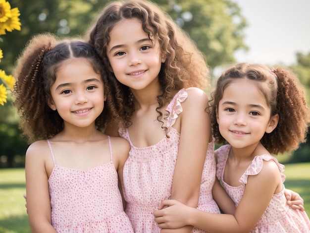 Três meninas em vestidos cor-de-rosa estão juntas em um parque.