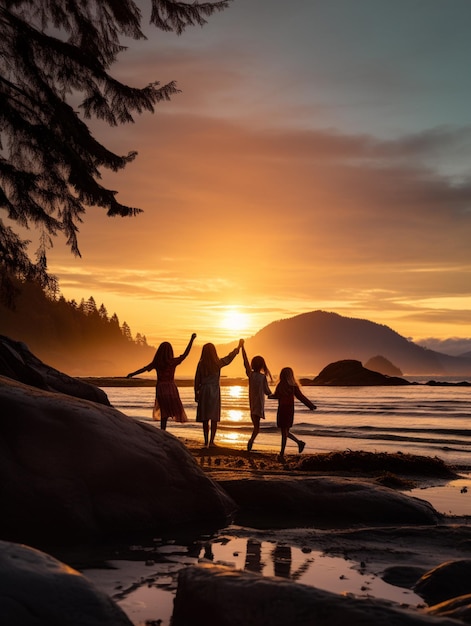 Três meninas estão de pé em uma praia ao pôr do sol com os braços no ar