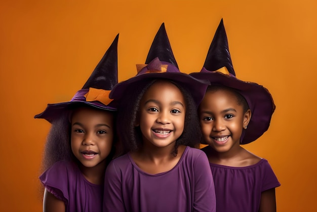 Três meninas felizes e fofas usando chapéus de bruxa de Halloween em fundo colorido de estúdio laranja