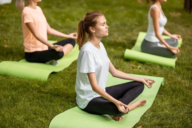 Três meninas magras sentam-se nas posições de lótus, fechando os olhos, fazendo ioga em esteiras de ioga na grama verde do parque em um dia quente.
