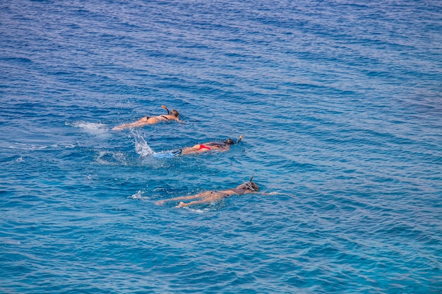 Três meninas mergulhando em águas azuis acima de recifes de corais no mar vermelho em Sharm El Sheikh Egito Conceito de pessoas e estilo de vida Vista superior