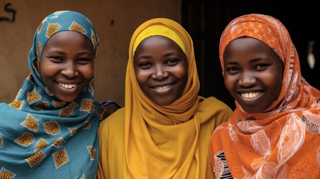 Três meninas sorrindo e vestindo roupas coloridas, uma delas com um lenço amarelo na cabeça.