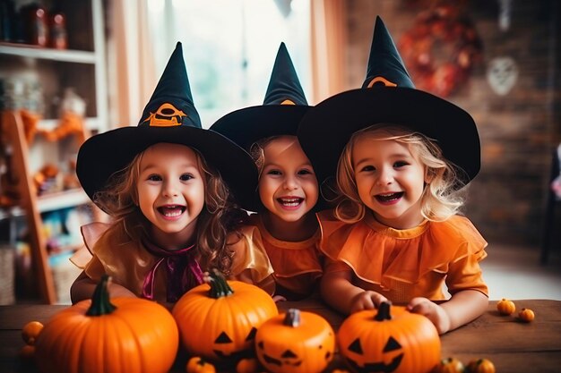 Três meninas usando chapéus de bruxa e abóboras Sorrisos alegres de crianças na véspera do feriado Fantasia festiva Jack lanterna