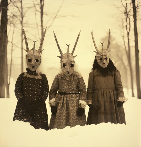 Foto três meninas usando máscaras com chifres e máscaras faciais em pé na neve