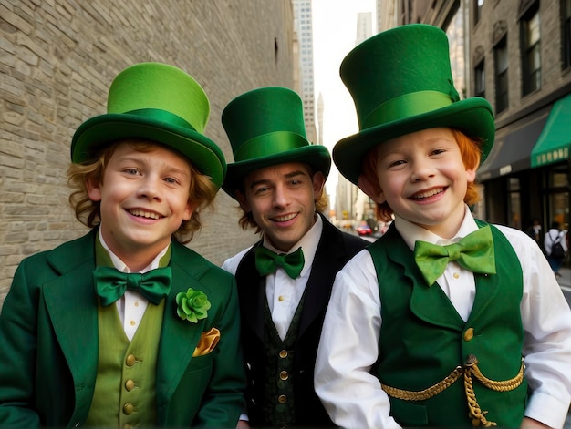 três meninos com chapéus verdes e coletes verdes posando para uma foto