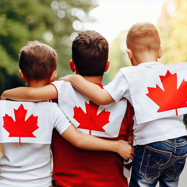 Três meninos vestindo camisas vermelhas e brancas com a palavra Canadá.