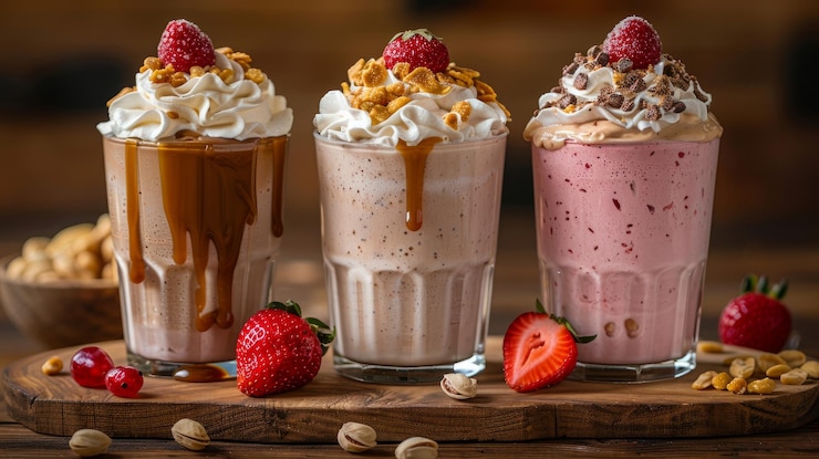 Foto três milkshakes doces com nozes caramelo morango e creme batido em uma tábua de madeira na mesa
