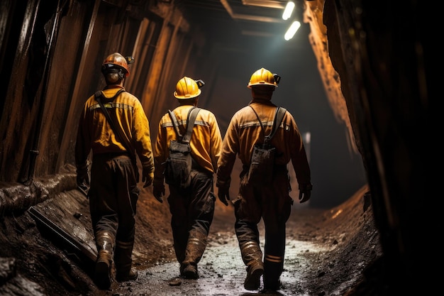 Foto tres mineros caminan a través de una mina con minerales vista trasera