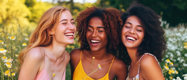 Três moças felizes, vestidas com roupas de verão, desfrutando da companhia umas das outras