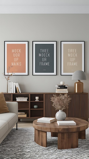 Tres modelos de carteles enmarcados en la pared en el fondo interior moderno de la sala de estar Libros lámpara de jarrón en el armario estilo escandinavo renderización 3D