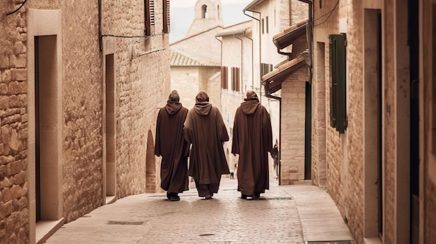 Três monges andando pela rua na cidade velha de Assisi Itália Generative AI