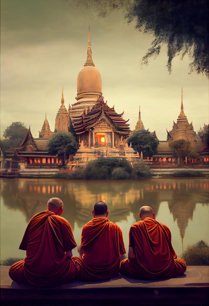 Três monges meditando diante de um templo budista Ia generative