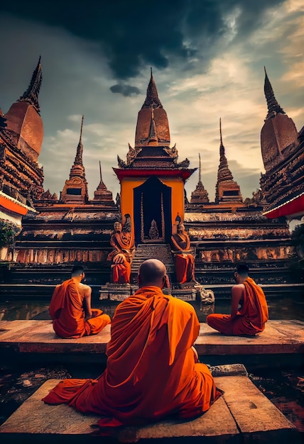 Três monges meditando diante de um templo budista Ia generative