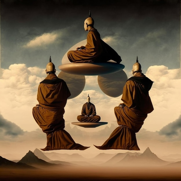 Três monges sentados em uma rocha com um navio ao fundo generativo ai