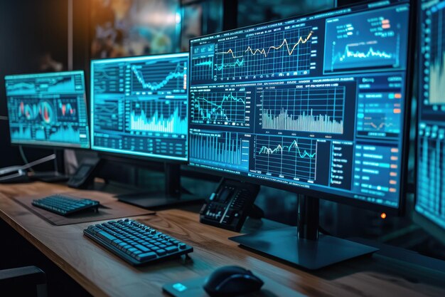 Foto tres monitores de computadora colocados encima de un escritorio de madera en un espacio de trabajo limpio y organizado múltiples pantallas de computadora que muestran análisis de datos en tiempo real ai generado