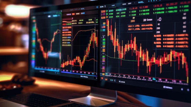 Tres monitores de computadora con una pantalla de datos bursátiles.