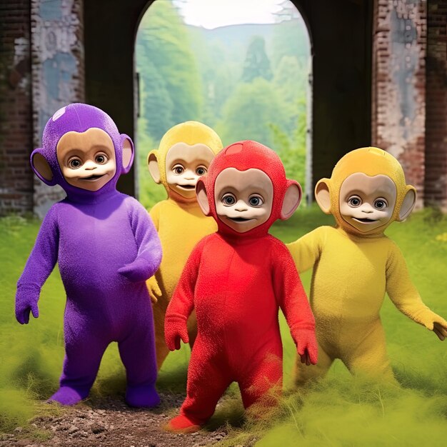 Foto tres monos de dibujos animados en un campo uno de los cuales lleva un traje rojo
