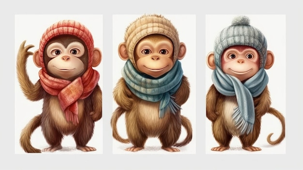 Tres monos con sombreros y bufandas, uno de los cuales lleva sombrero.