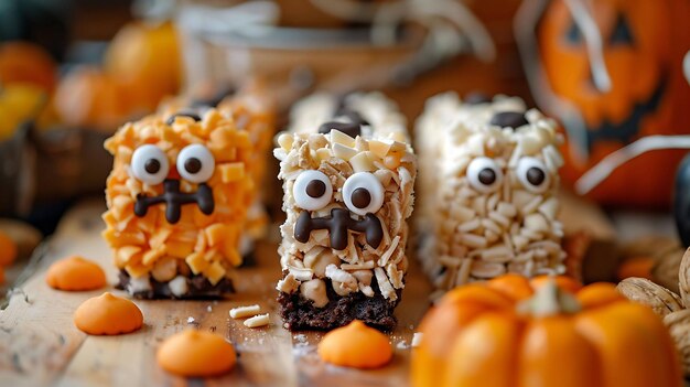 Foto tres monstruos de halloween rice krispie trata con ojos de caramelo y bocas de chocolate se sientan en una mesa decorada con maíz de caramelos y mini calabazas