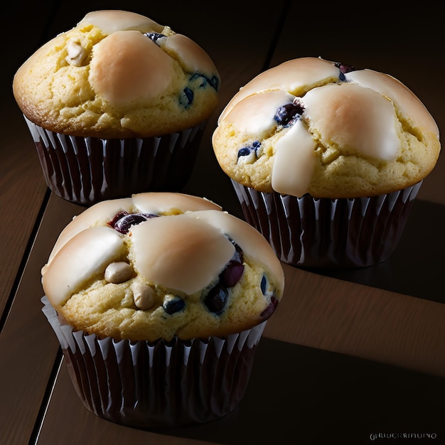 Três muffins de mirtilo estão sobre uma mesa com um muffin sobre ele