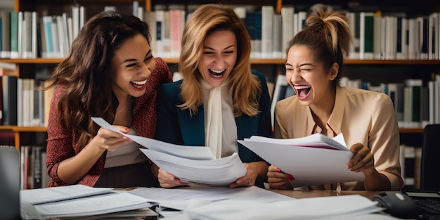 Tres mujeres alegres compartiendo un momento divertido con papeles en una biblioteca ambientando estilo casual foto interior risa sincera IA