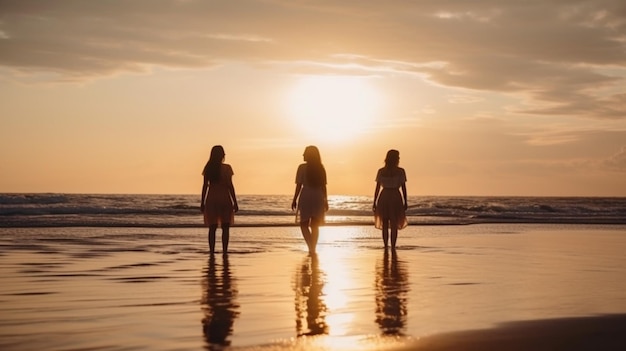 tres mujeres, ambulante, en, un, playa, en, ocaso