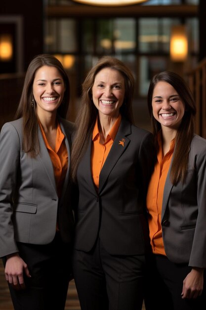 Foto tres mujeres con camisas naranjas con la palabra u en ellas