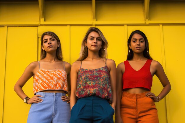 Tres mujeres de un color para cada una unidas frente a una pared amarilla vibrante