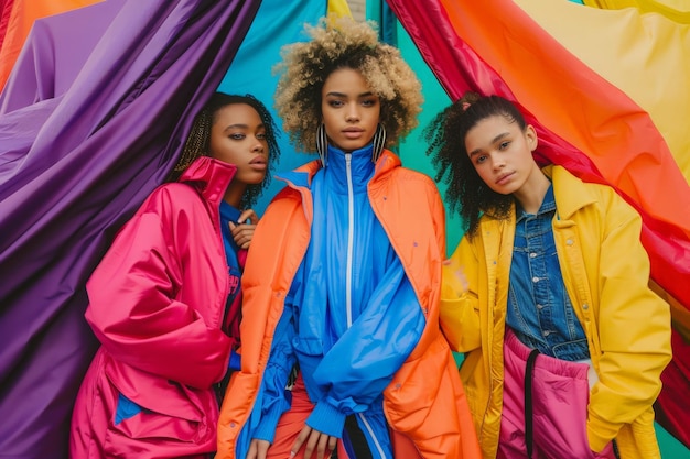 Foto tres mujeres elegantes se paran con confianza frente a un vibrante telón de fondo arco iris que muestra la belleza de la diversidad y la unidad
