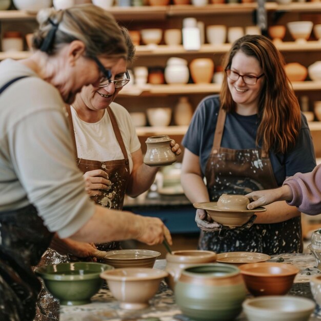 Foto tres mujeres están haciendo cuencos en una tienda de cerámica mientras una mujer sostiene una taza generativa ai