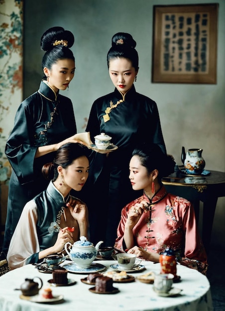 tres mujeres están sentadas en una mesa con tazas de té y teteras