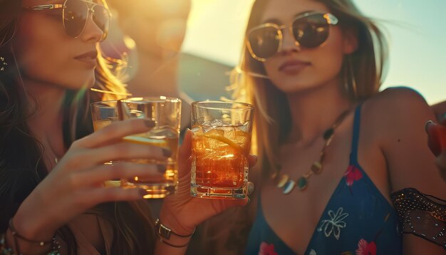 Foto tres mujeres están sosteniendo bebidas y sonriendo.